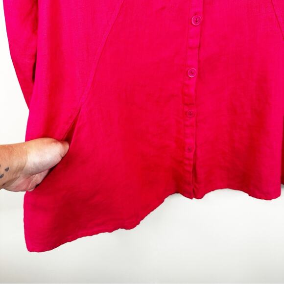 FLAX Shirt Womens P 4-6 Red Linen Long Sleeve Button Front Lagenlook Minimalist - Picture 2 of 8